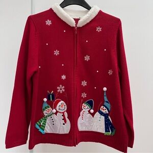 Embroidered snowman snowflake ugly Christmas sweater zip cardigan pompom fringe
